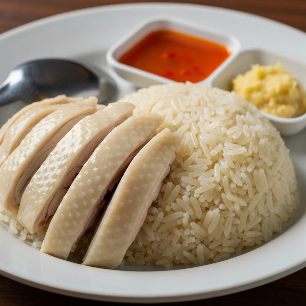 Hainanese steamed chicken rice with poached chicken slices, fragrant rice, and chilli sauce